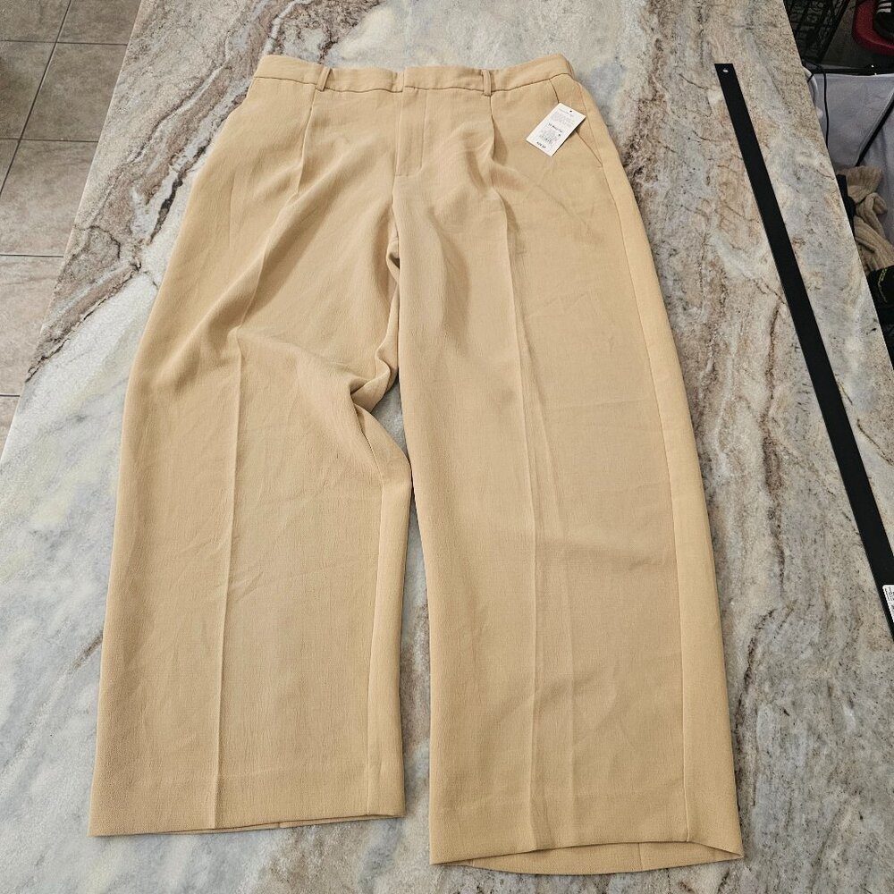A New Day Pleated Trousers Size 16 Beige Camel Elastic Waist NWT Workwear